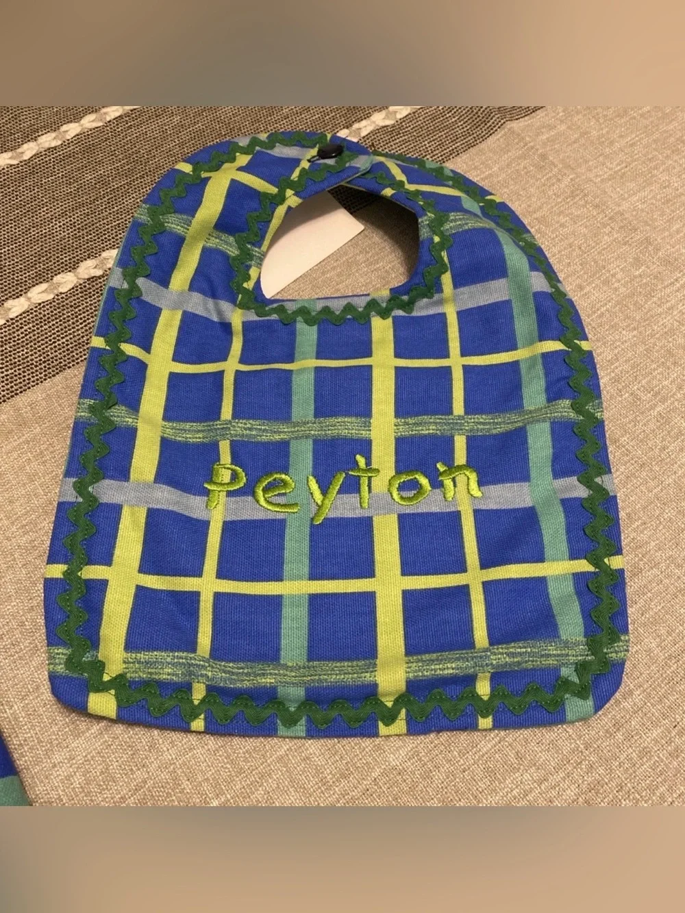 NWT Baby Boy Hand Made Hand Sewn Bib And Burp Cloth Set “Peyton”  Green Blue